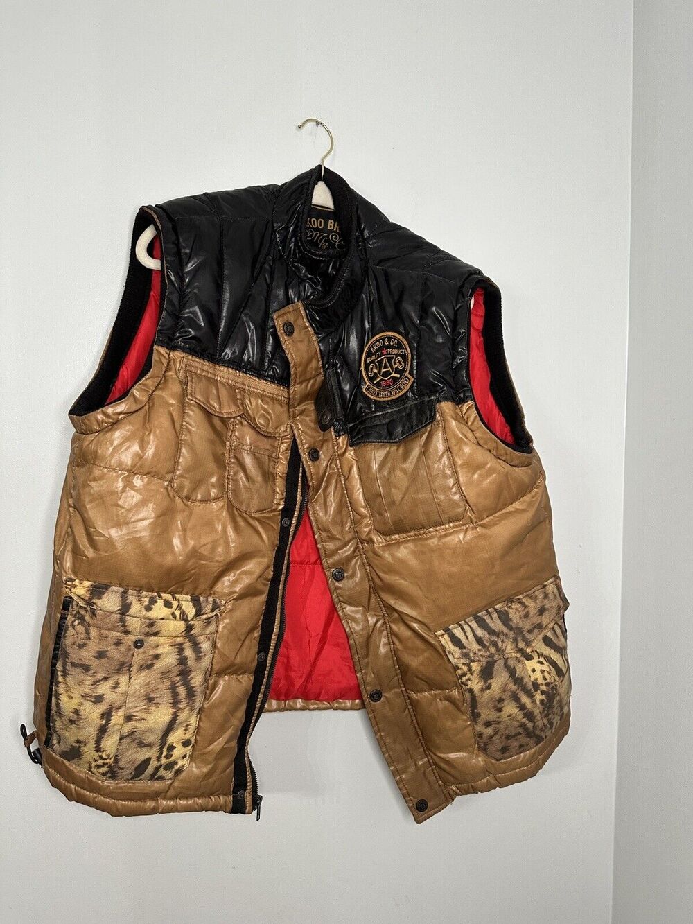 AKOO Mens Vest Puffer Jacket Size 2XL Black Brown Animal Print Pockets Pre-owned